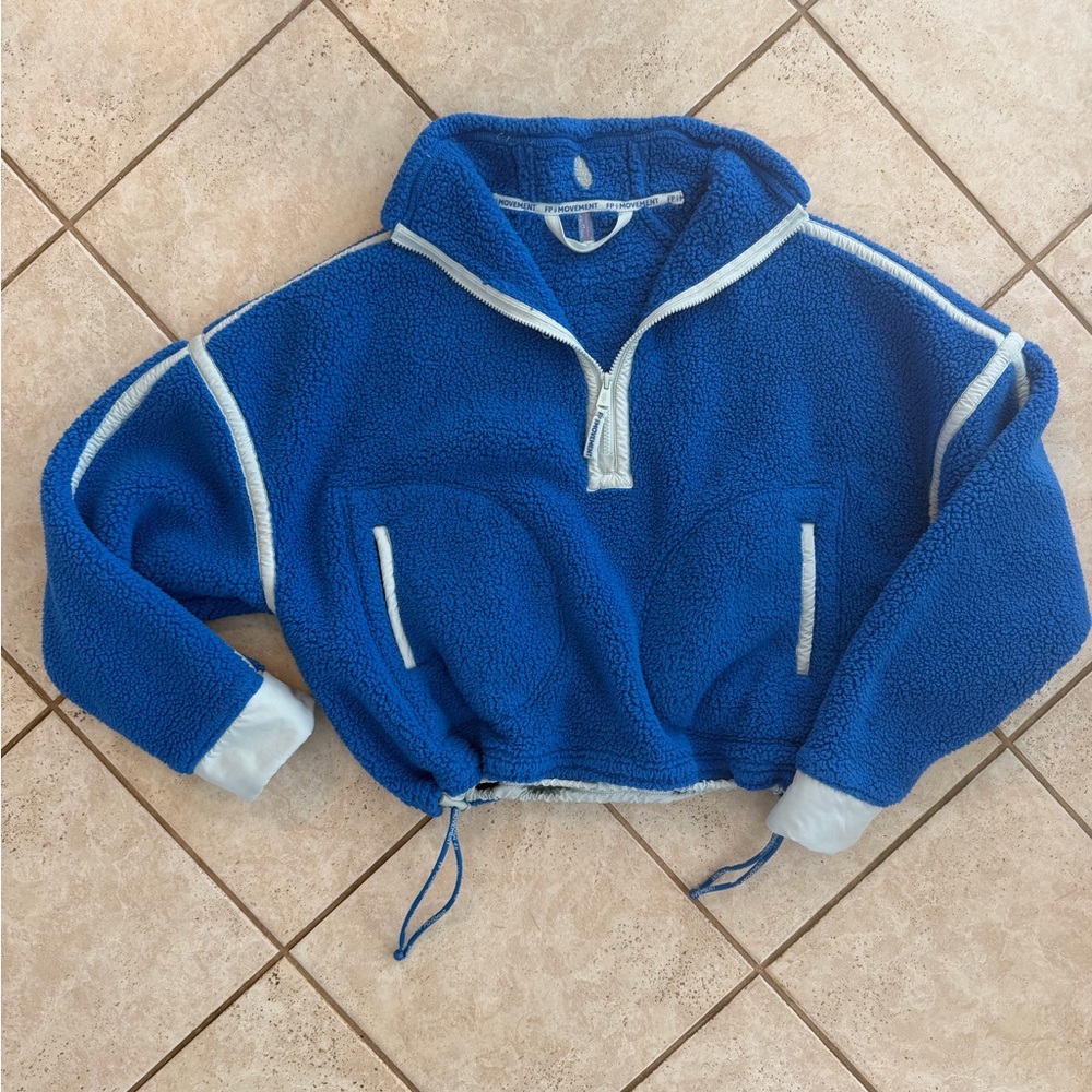FP Movement by Free People Blue Teddy Fleece Jacket with Cream Trim